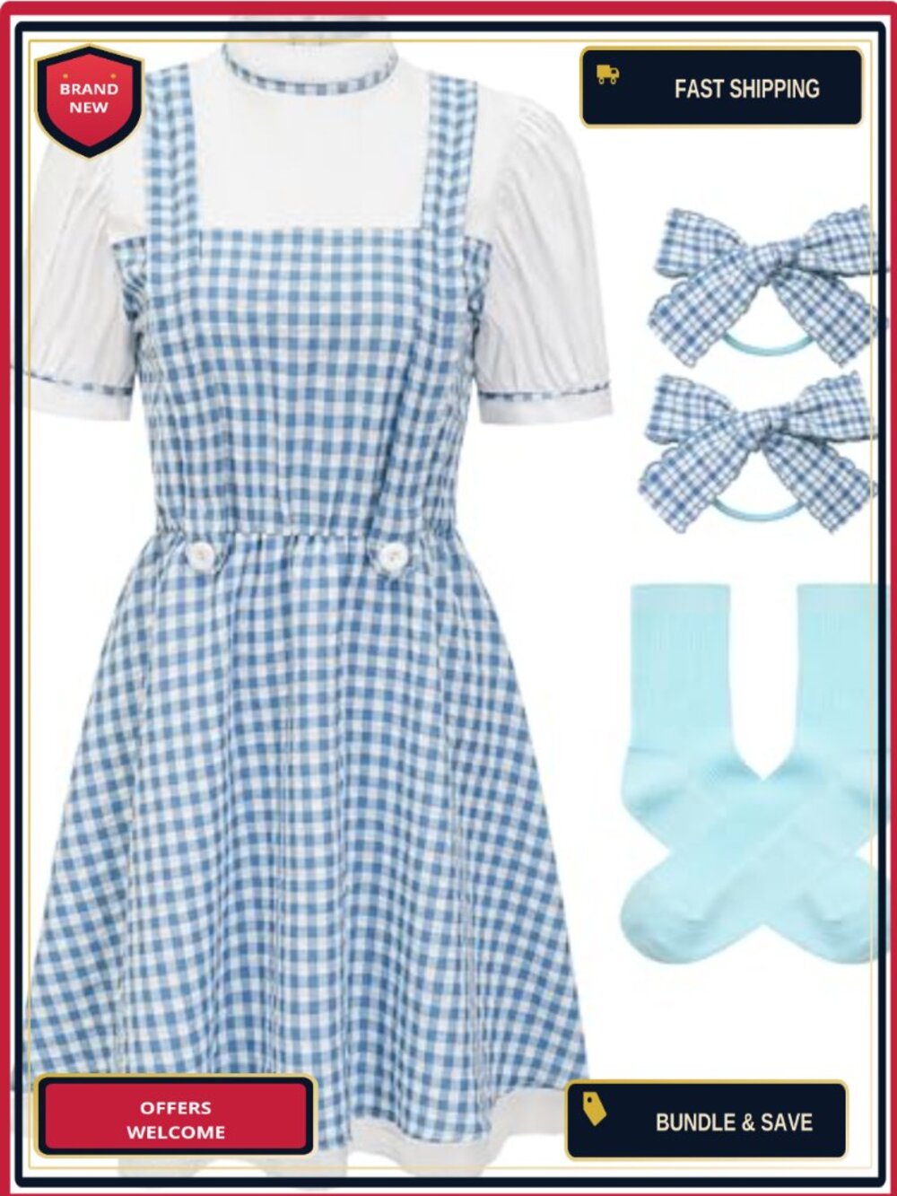 HMPRT Women's Halloween Costume Dress with Accessories 3 Piece Set Gingham Midi